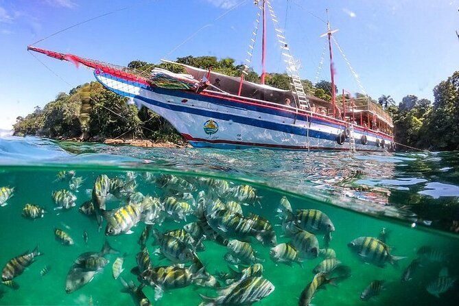 Barco y peces en aguas cristalinas de Ilha Grande